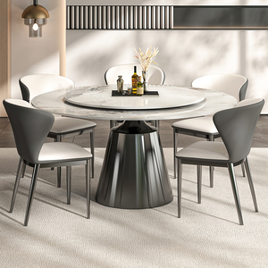 岩板圆餐桌家用高级感圆桌现代简约意式极简圆形餐桌椅组合带转盘