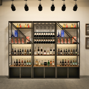 工业风酒吧吧台酒柜展示柜落地餐厅白酒铁艺酒架子置物架商用带灯