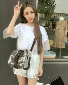 快手网红傲娇美怪兽同款短袖t 防晒网纱上衣 高腰抽绳短裤三件套