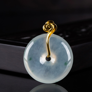 天然a货翡翠平安扣吊坠冰种飘花玉怀扣挂件 18k金镶嵌玉石 女坠子