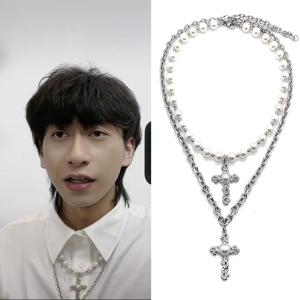 抖音七叔叶泽浩同款钛钢双层珍珠十字架项链男女情侣个性嘻哈国潮