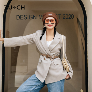 腰带格子西装女短款