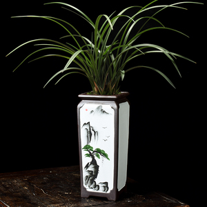 中国风四方形手绘陶瓷兰花专用花盆高款飘枝紫砂大号室内客厅中式