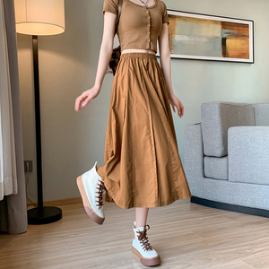 文艺复古纯色半身裙女宽松高腰显瘦a字大摆中长款大码百褶雨伞裙