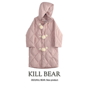 Kill Bear 嫩粉色棉衣女023年秋冬季可爱毛绒牛角扣菱格长款棉服