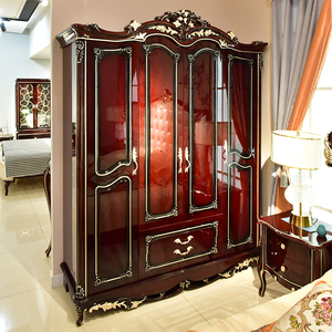 欧式雕花四门衣柜1米85板木大衣橱酒红色亮光描金包安装