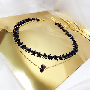 yingacc 韩国东大门双层蕾丝花朵黑色短颈链气质百搭项链短链颈带