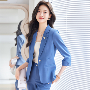 蓝色西装外套女2024新款夏季薄款韩版时尚小个子气质休闲西服套装