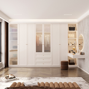 法式奶油风衣柜家用卧室带梳妆台转角大衣柜书桌玻璃门衣橱储物柜