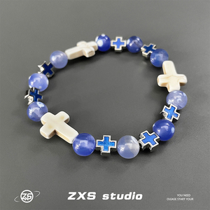 ZXS STUDIO 高级感十字架蓝色玛瑙手链男女嘻哈个性ins小众手饰潮