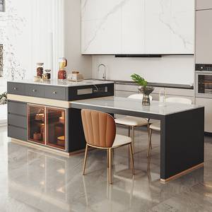 轻奢岛台餐桌一体可伸缩带插座高端定制开放式厨房现代料理台吧台