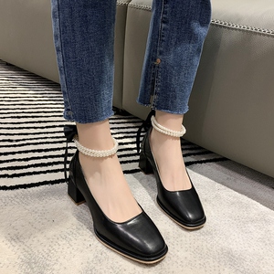 时尚方头单鞋仙女风2022年春夏新款珍珠扣淑女高跟鞋绑带玛丽珍鞋