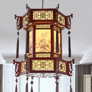 中式六角宫灯宫廷吊灯寺庙祠堂古建筑长廊大厅定制图案仿古实木灯