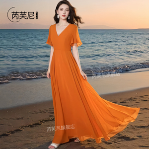橘色气质连衣裙2024新款女夏季长款到脚裸大摆裙气质显瘦沙滩长裙