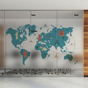 定制外贸世界地图办公室玻璃贴膜隔断门防窥静电贴纸曲线玻璃免胶