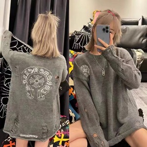 2023秋冬克罗心绣花破洞十字架梵文毛衣女宽松休闲针织衫圆领上衣