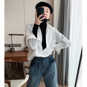 磨毛白色衬衫女长袖上衣百搭秋冬款内搭打底配毛衣两件套叠穿衬衣