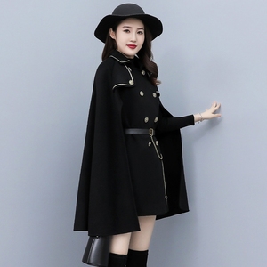 法式斗篷外套女2021年新款秋冬中长款披肩大码赫本风披风毛呢大衣