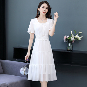 雪纺连衣裙女夏2022新款高端大牌气质洋气显瘦中长款网纱裙子夏季玫