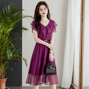 紫色雪纺连衣裙女夏2022年新款气质名媛高端高级感妈妈乔其纱裙子