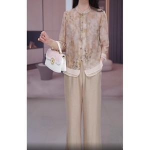 蔓妮薇新中式国风妈妈套装女2024夏季新款时尚优雅冰丝雪纺套装裤