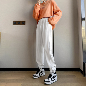 白色运动裤女宽松束脚春季2021新款休闲裤子高腰显瘦百搭哈伦卫裤