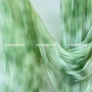 新中式吊顶装饰纱幔绿色扎染国风水墨画场景布置婚礼婚庆背景布幔