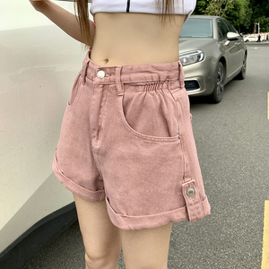 夏季树莓粉色卷边牛仔短裤女小个子宽松大码糖果色彩色短裤设计感