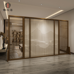 现代中式实木屏风隔断墙别墅客厅背景墙茶室酒店可移动实木大座屏