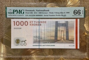 丹麦克朗1000 全新unc 2012大桥版 pmg66