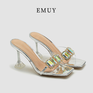 emuy水钻高跟鞋女夏季新款性感气质法式小众款水晶跟细跟透明凉鞋
