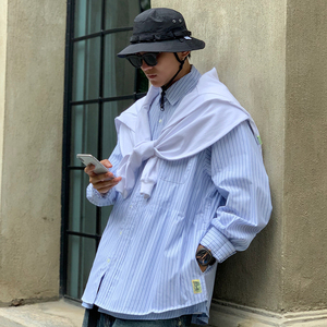 beams ssz余文乐日系休闲宽松cityboy条纹格子下摆长袖衬衣衬衫潮