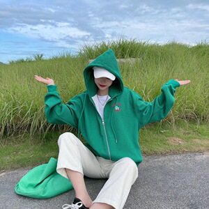 华夫格复合牛奶丝卫衣外套女连帽宽松大版慵懒拉链帽衫女