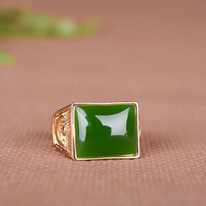 一元拍新疆和田玉碧玉方形戒指 925银镶嵌玉石戒指男款银镶玉指环