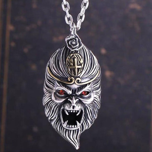 纯银925复古霸气个性潮流双面镂空一念成佛一念成魔 斗战胜佛吊坠