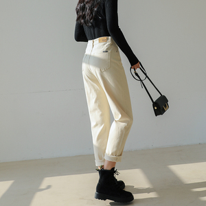 米白色牛仔裤女2021年秋冬新款显瘦高腰哈伦裤直筒萝卜老爹女裤子