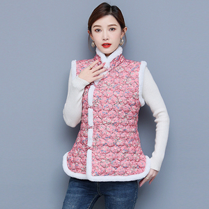 中国风盘扣马甲女秋冬中式改良唐装棉袄民族风东北大花夹棉外套