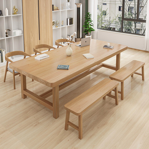 北欧实木客厅大板书桌长条桌休闲区家用原木现代学习桌办公工作台