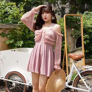 大码连体泳衣女胖mm200斤遮肚显瘦性感一字肩微胖大胸长袖防晒