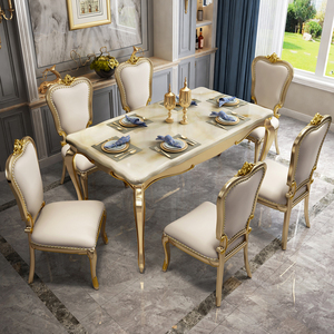 轻奢欧式餐桌椅组合实木长方形大理石美式餐桌橡木雕花吃饭桌简约