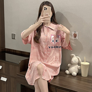 睡裙女夏网红可爱小个子家居服短袖春秋睡衣长款外穿大码孕妇粉色