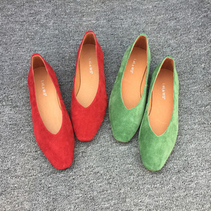 80丹妮仙子女鞋旗舰店天猫2022春夏季新款真皮方头平底单鞋绿色平跟