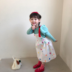 韩国女童彩色波点背带裙子2024春秋儿童宝宝生日公主连衣裙ins
