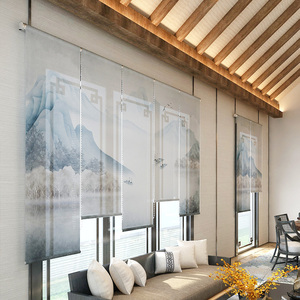 新中式山水卷帘悬挂半透屏风升降帘玄关客厅软隔断纱帘茶室窗帘