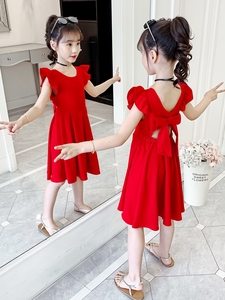 女童连衣裙夏装2024新款网红女孩红色礼服公主裙儿童洋气雪纺裙子