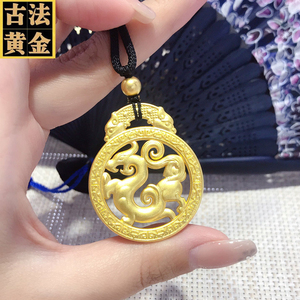 复古龙牌挂绳古法黄金吊坠龙瑞兽999足金坠子实心黑绳项链男高档