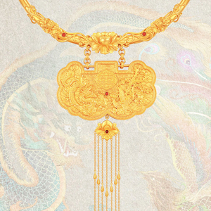 足金同心锁龙凤呈祥黄金吊坠结婚双喜新娘项链古法金项圈錾刻锁包