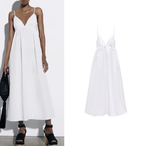 ZA 夏季新款白色吊带小礼服裙性感V领风衣式迷笛连衣裙 3182210