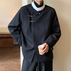 新中式男装垫肩西装外套男秋冬设计感廓形立领西服中山装山本耀司