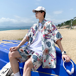 泰国花衬衫男ins痞短袖oversize衬衣花朵海边度假风套装三亚穿搭